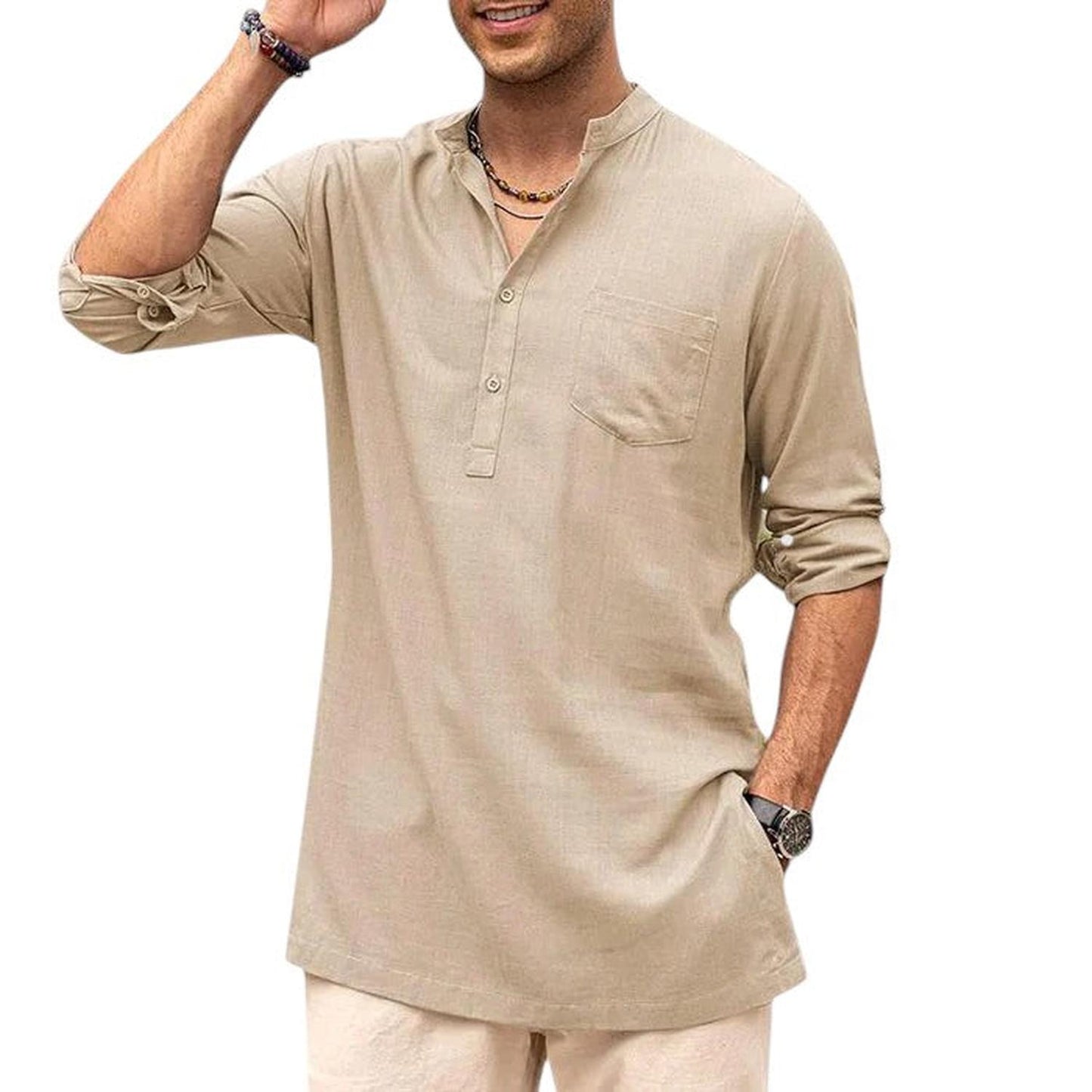 Men's Henley Shirt - Band Collar - Breathable Fabric - Long Sleeve Casual Fit