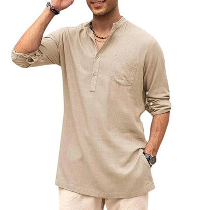 Men's Henley Shirt - Band Collar - Breathable Fabric - Long Sleeve Casual Fit