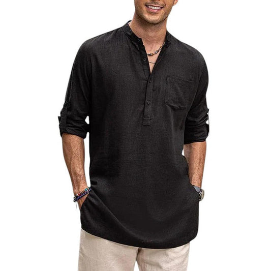 Men's Henley Shirt - Band Collar - Breathable Fabric - Long Sleeve Casual Fit
