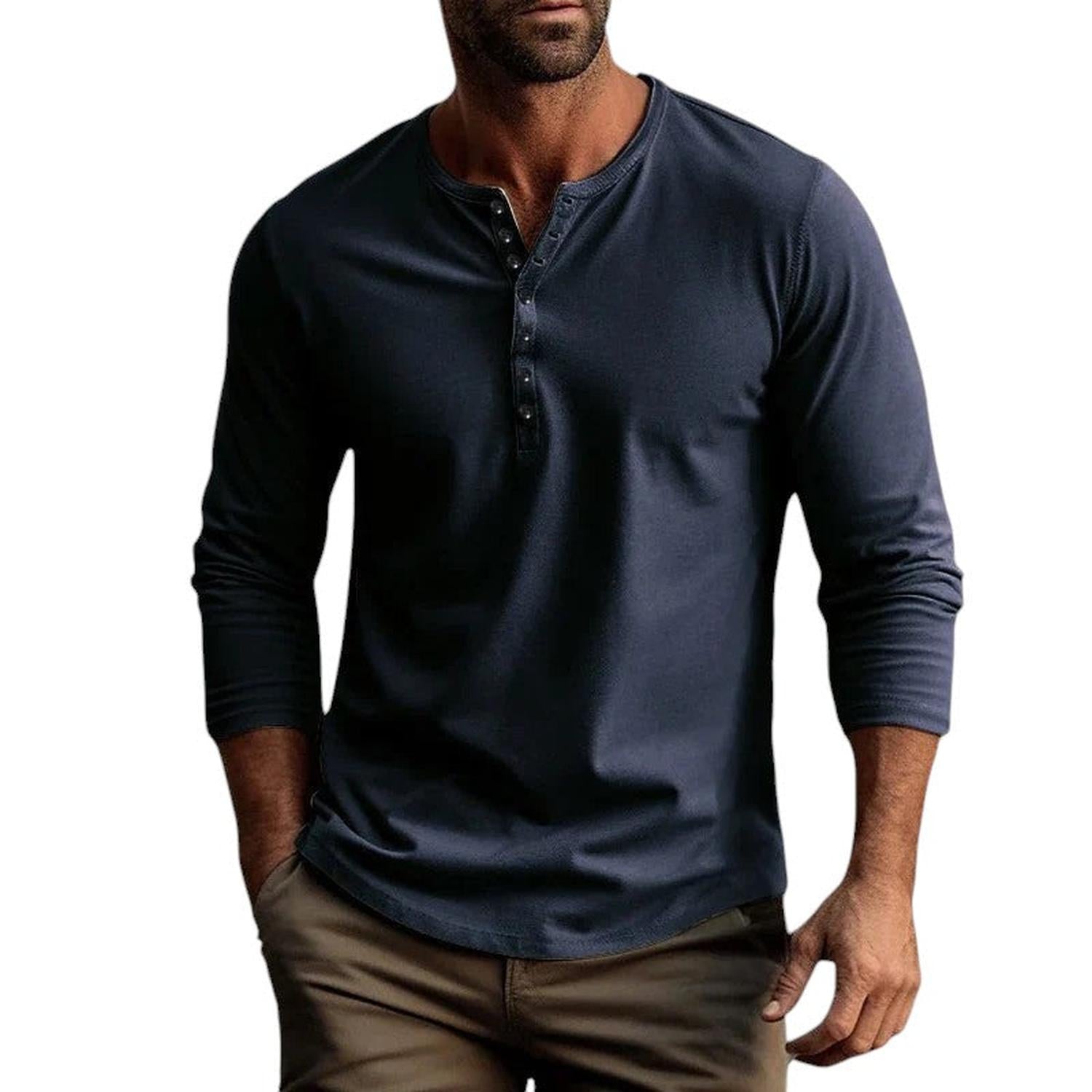 Men’s Henley Shirt - Long Sleeve - Regular Fit - Button Placket - Breathable Cotton