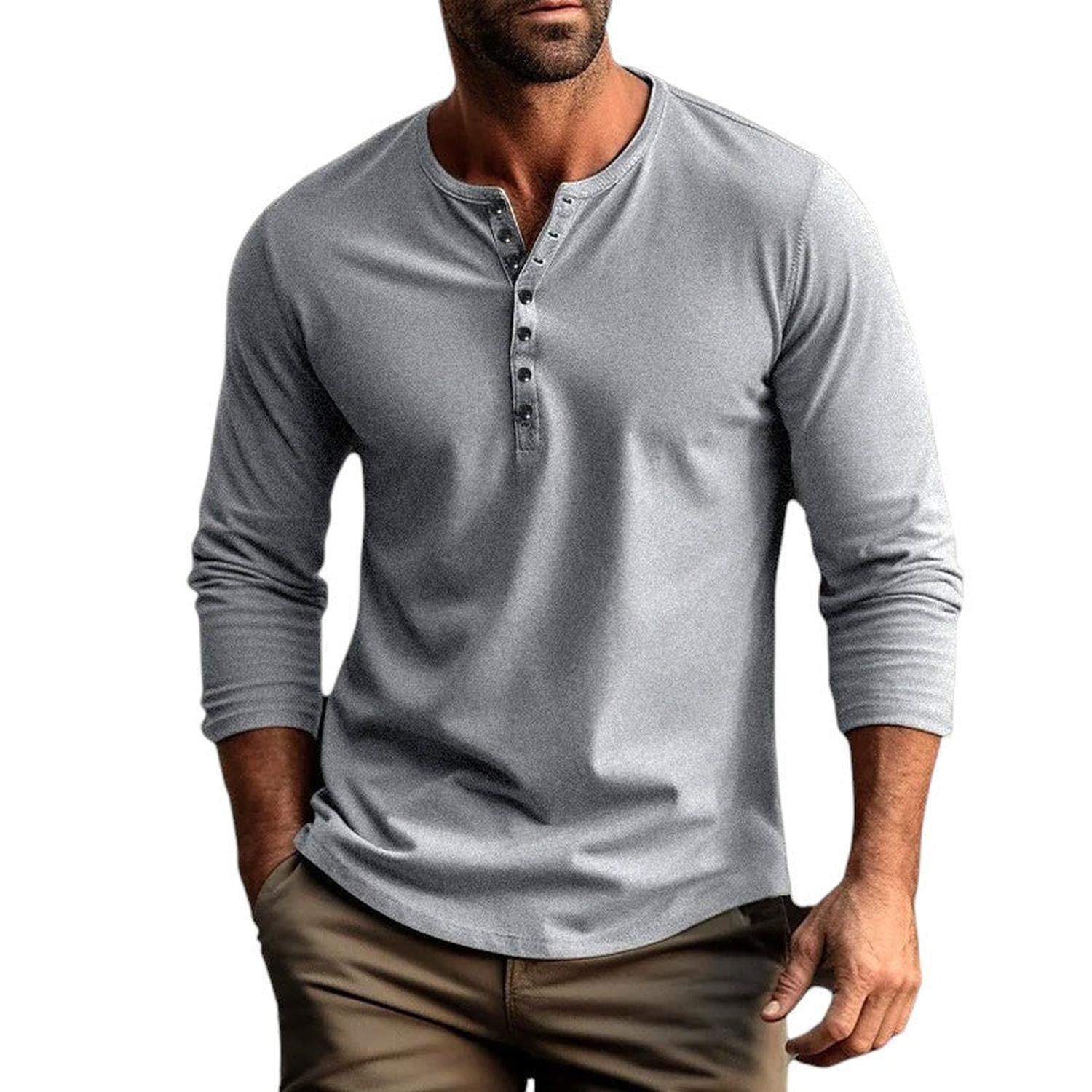 Men’s Henley Shirt - Long Sleeve - Regular Fit - Button Placket - Breathable Cotton