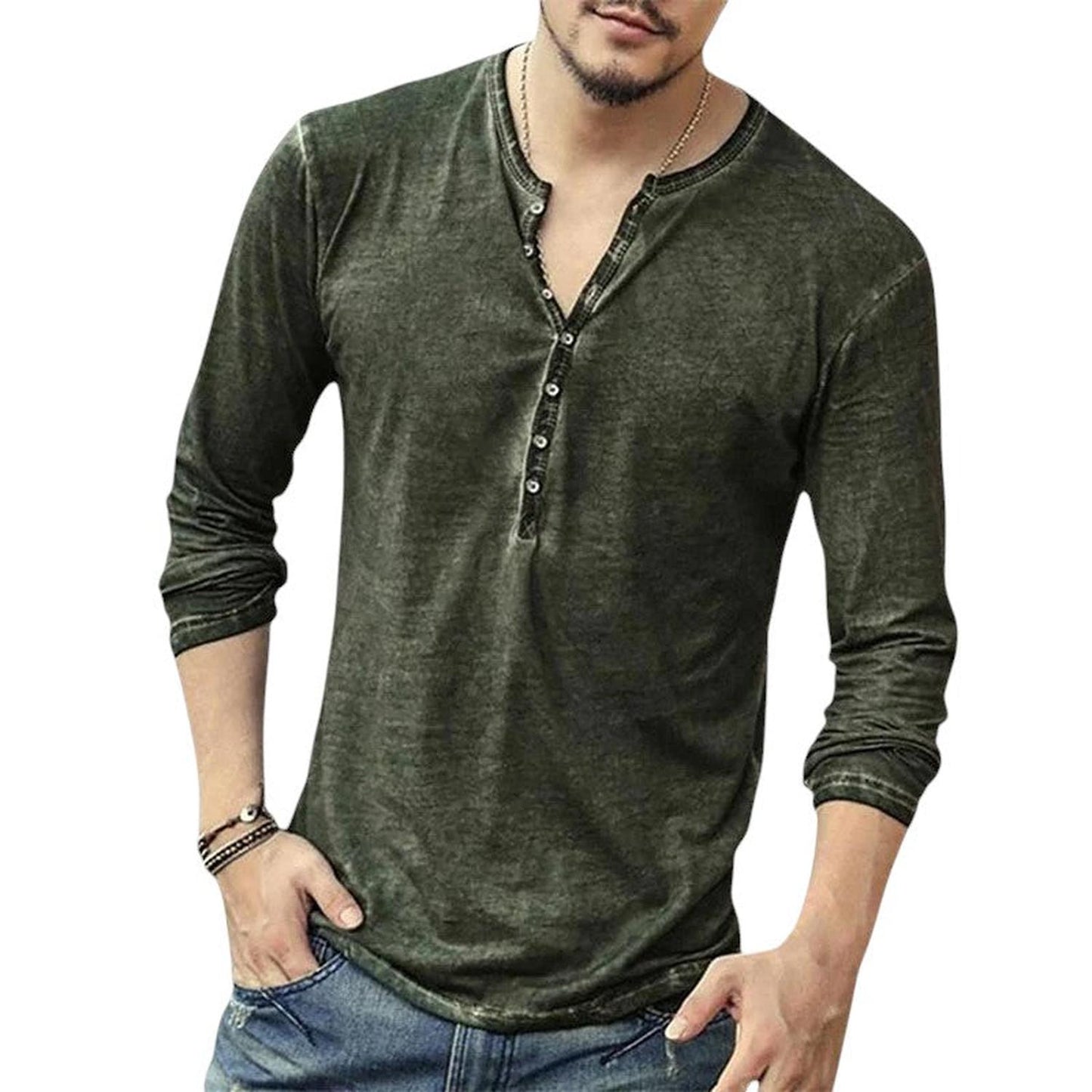 Men’s Henley Shirt - Long Sleeve - Slim Fit - Buttoned Placket - Casual Wear