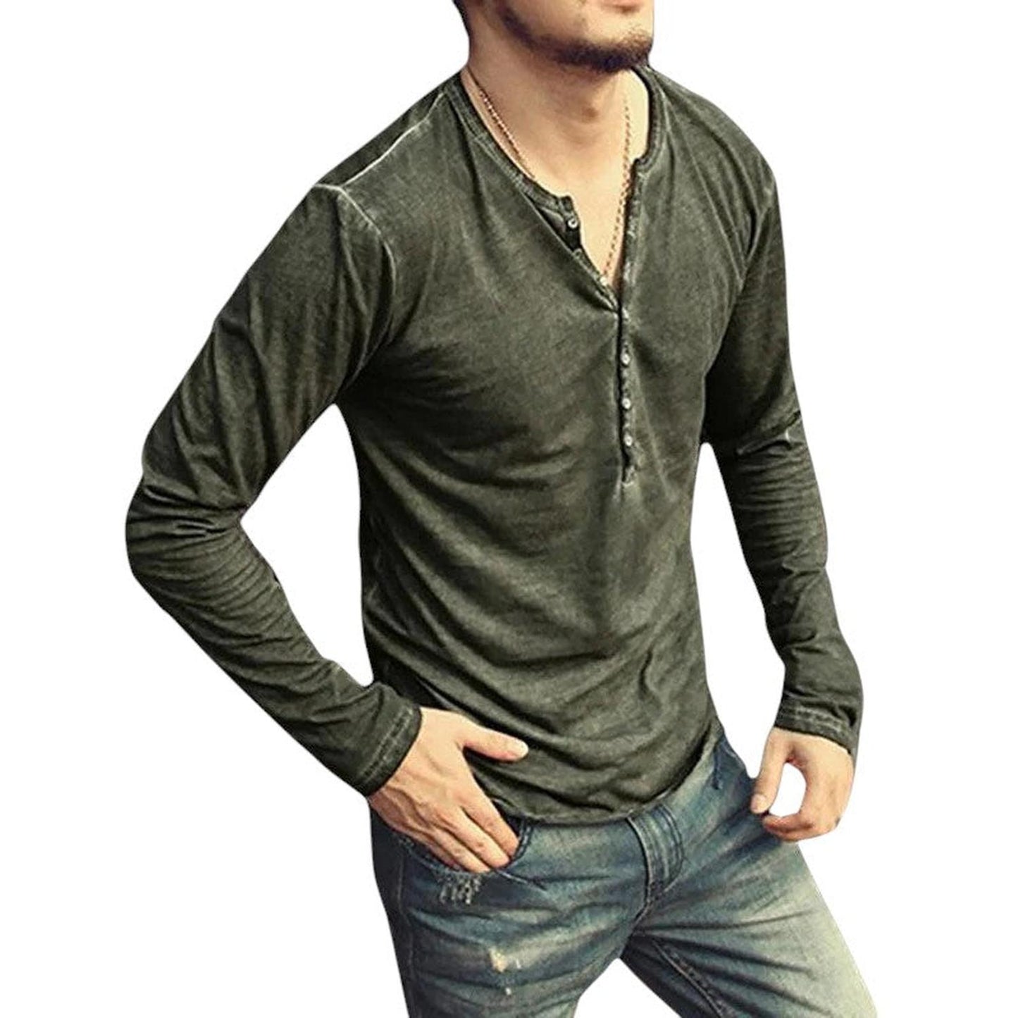 Men’s Henley Shirt - Long Sleeve - Slim Fit - Buttoned Placket - Casual Wear