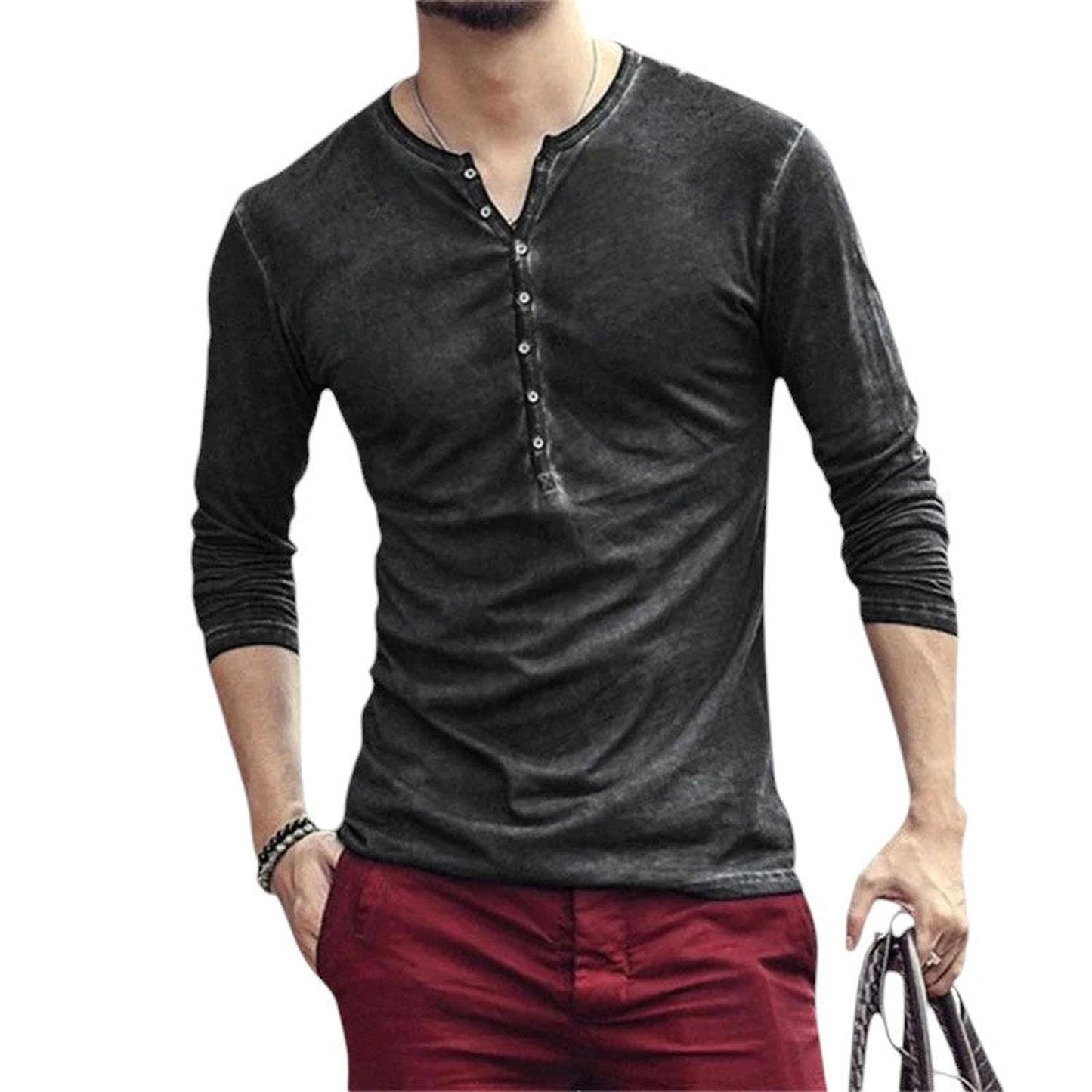Men’s Henley Shirt - Long Sleeve - Slim Fit - Buttoned Placket - Casual Wear