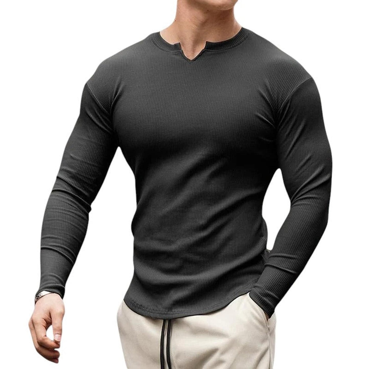 Men’s Henley Shirt - Ribbed Knit - Slim Fit - Long Sleeve Casual Wear