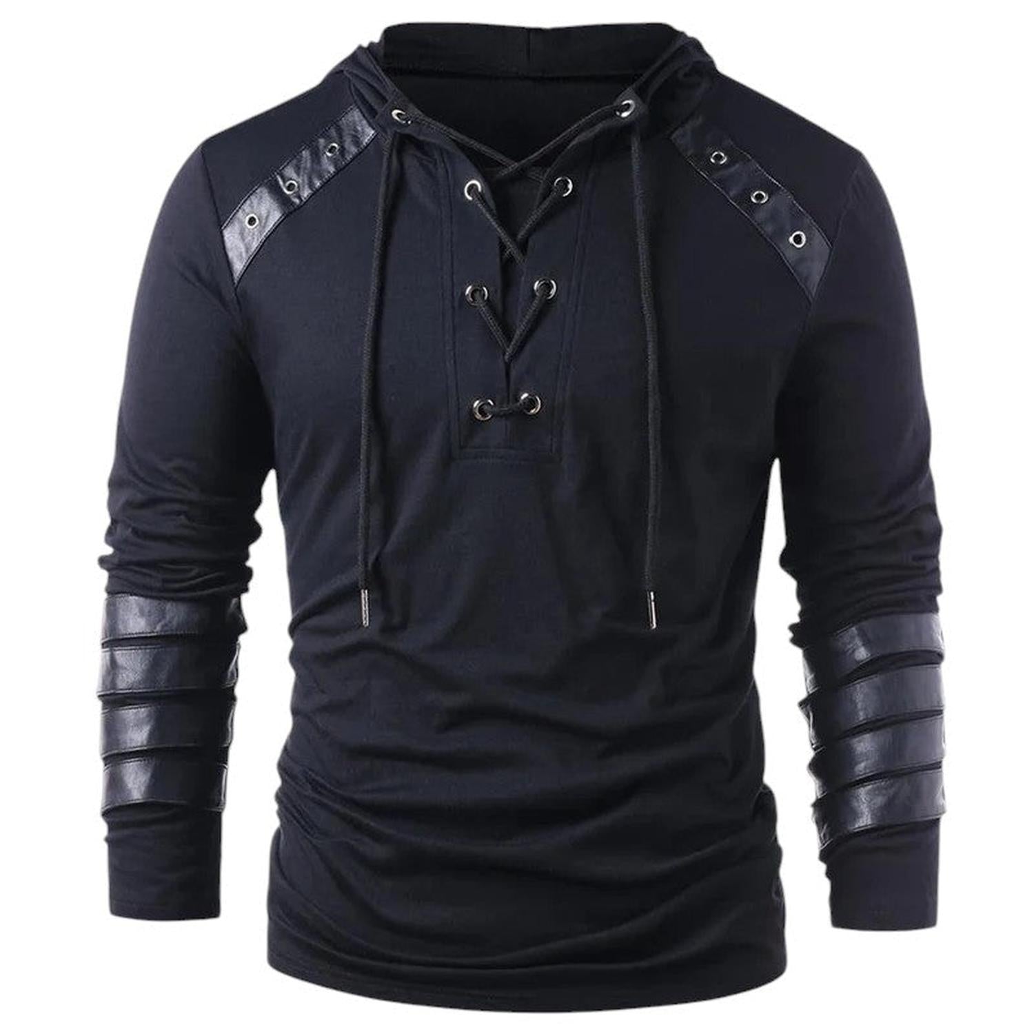 Men’s Hoodie - Lace-Up V-Neck - Faux Leather Panels - Long Sleeve Casual Wear