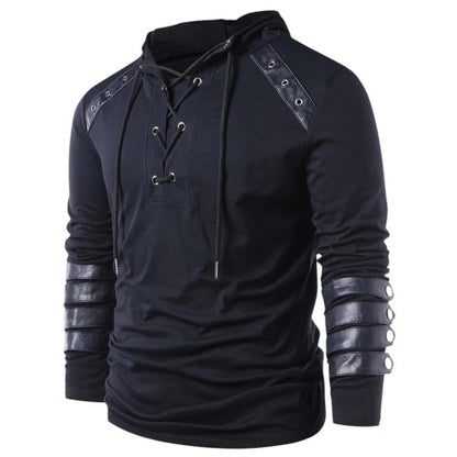 Men’s Hoodie - Lace-Up V-Neck - Faux Leather Panels - Long Sleeve Casual Wear