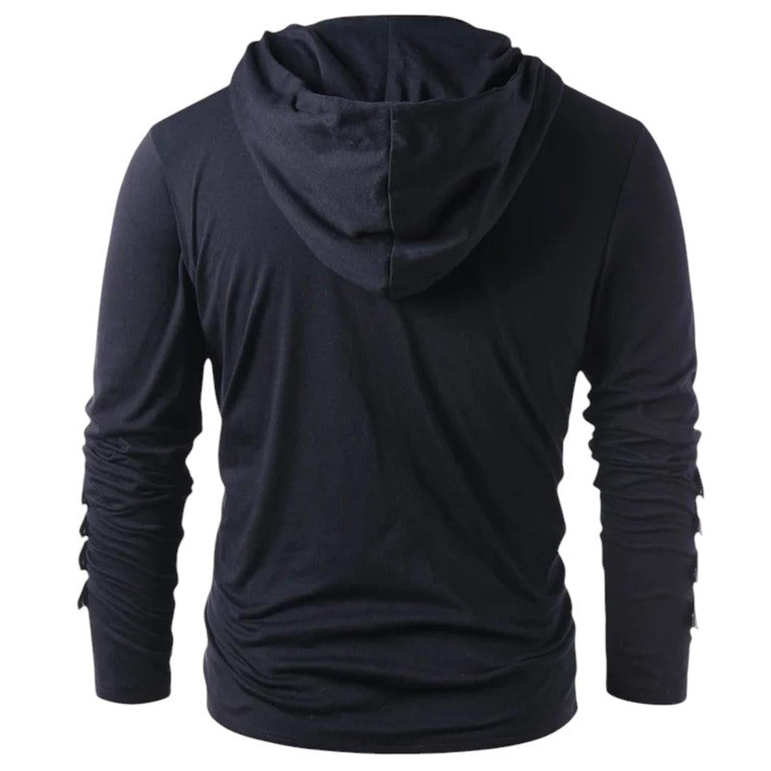Men’s Hoodie - Lace-Up V-Neck - Faux Leather Panels - Long Sleeve Casual Wear