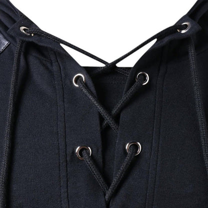 Men’s Hoodie - Lace-Up V-Neck - Faux Leather Panels - Long Sleeve Casual Wear