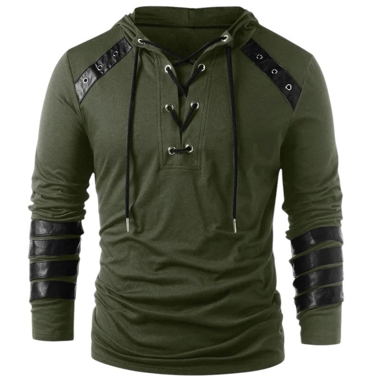 Men’s Hoodie - Lace-Up V-Neck - Faux Leather Panels - Long Sleeve Casual Wear
