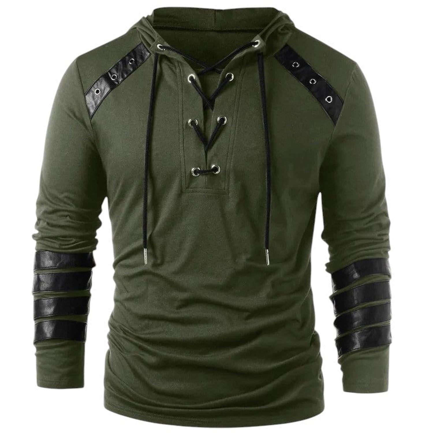 Men’s Hoodie - Lace-Up V-Neck - Faux Leather Panels - Long Sleeve Casual Wear