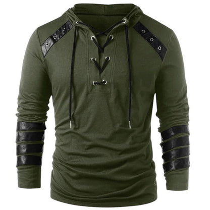 Men’s Hoodie - Lace-Up V-Neck - Faux Leather Panels - Long Sleeve Casual Wear