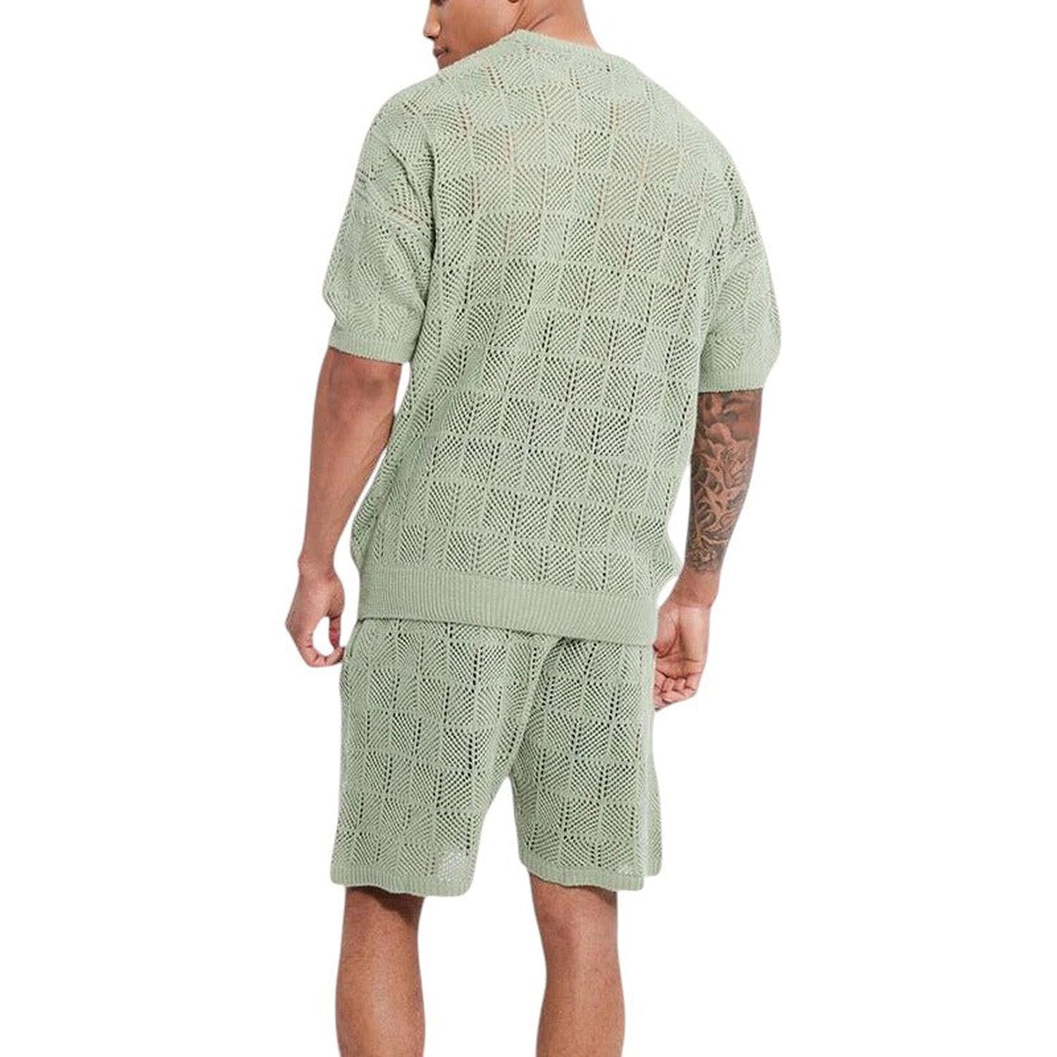 Men’s Knitted Set - Breathable Short-Sleeve Top & Shorts - Geometric Texture Casual Wear