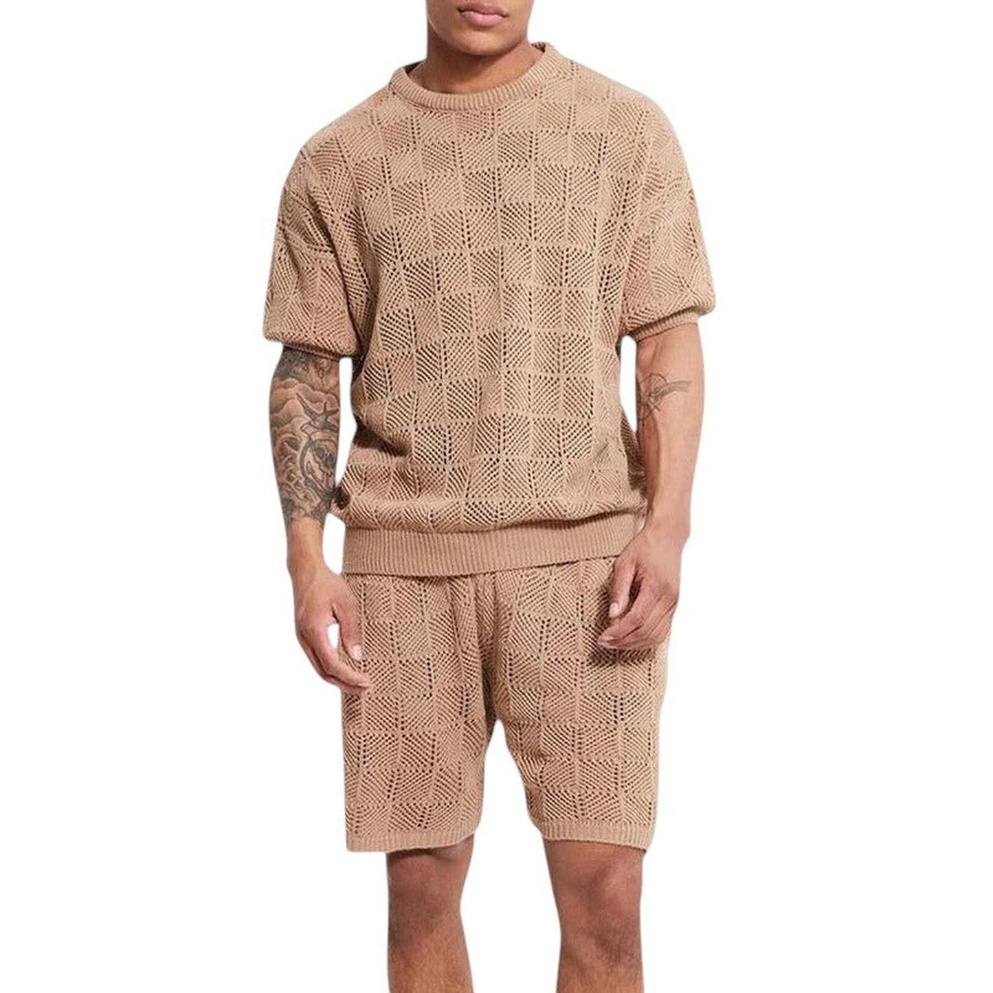 Men’s Knitted Set - Breathable Short-Sleeve Top & Shorts - Geometric Texture Casual Wear
