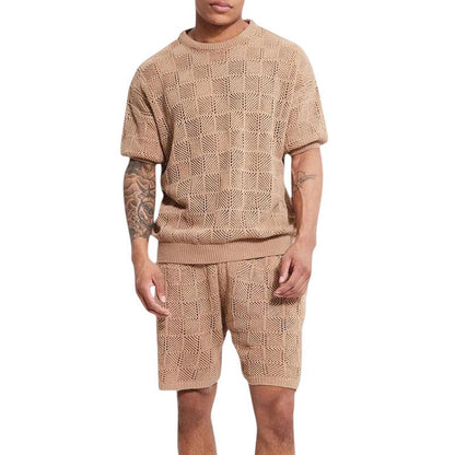 Men’s Knitted Set - Breathable Short-Sleeve Top & Shorts - Geometric Texture Casual Wear