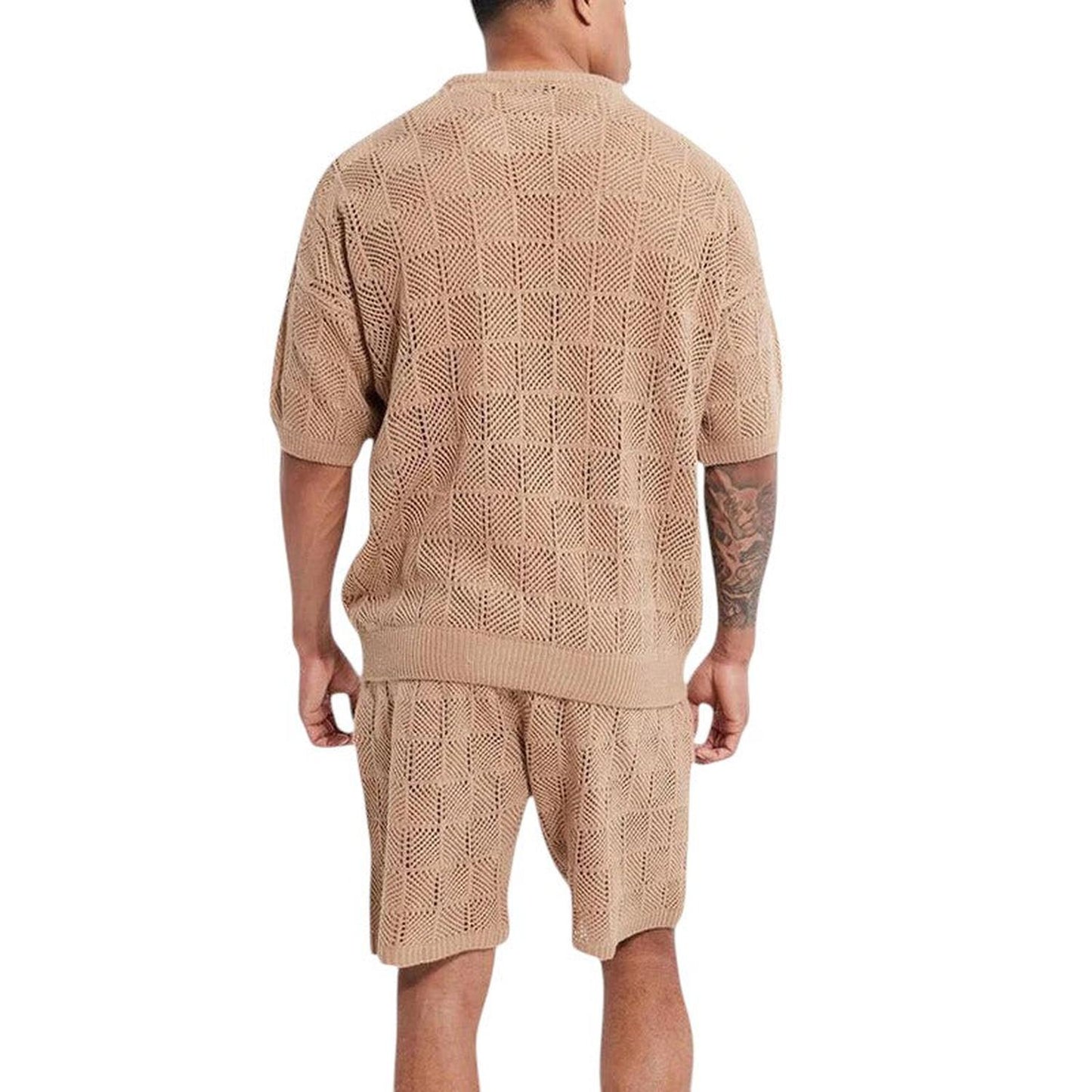 Men’s Knitted Set - Breathable Short-Sleeve Top & Shorts - Geometric Texture Casual Wear