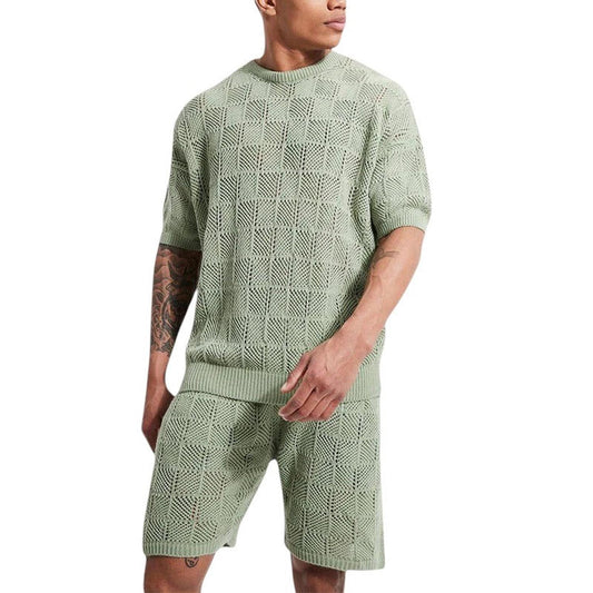 Men’s Knitted Set - Breathable Short-Sleeve Top & Shorts - Geometric Texture Casual Wear