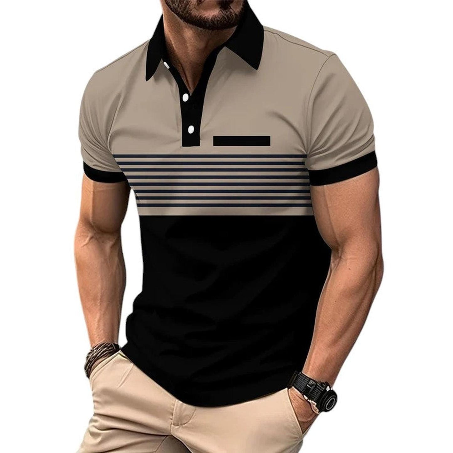 Men's Polo Shirt - Slim Fit - Short Sleeve - Striped Chest Design - Button Placket