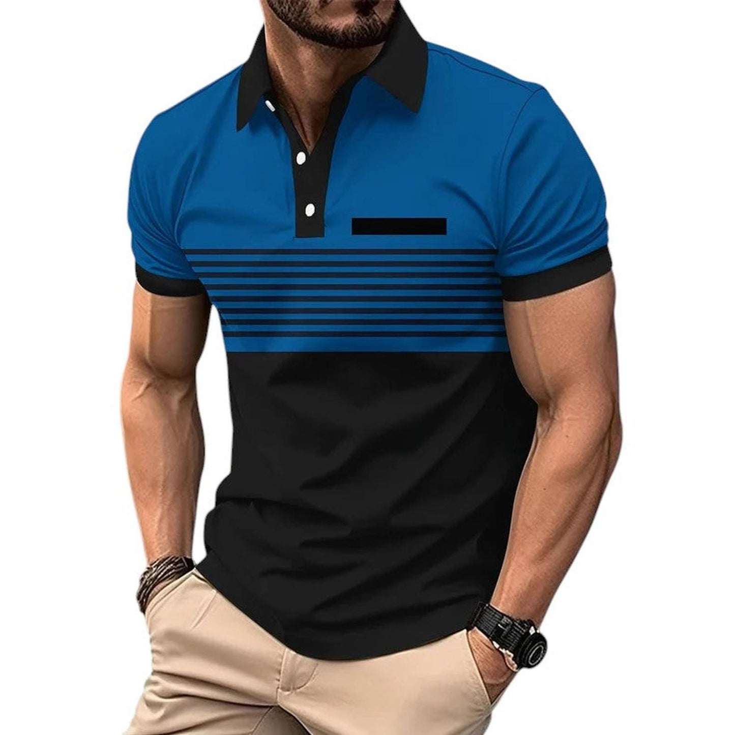 Men's Polo Shirt - Slim Fit - Short Sleeve - Striped Chest Design - Button Placket