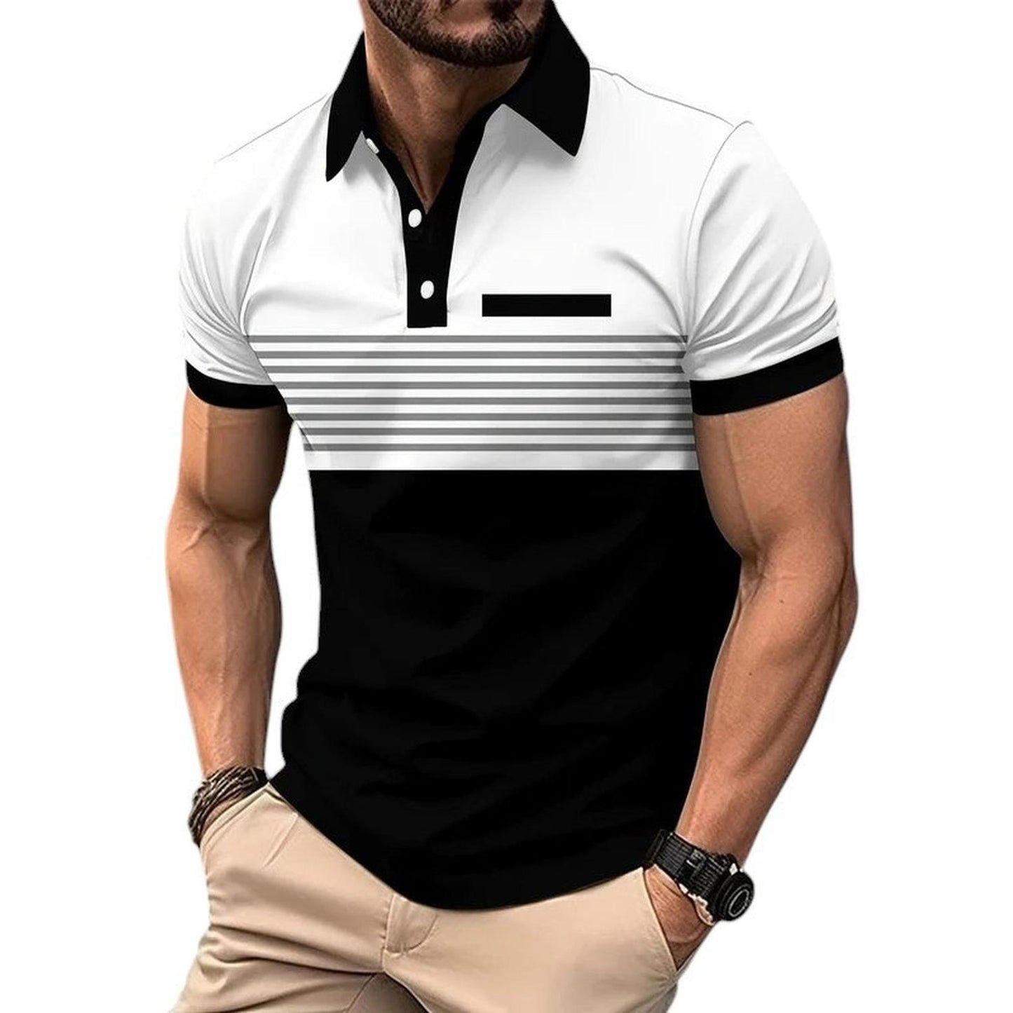 Men's Polo Shirt - Slim Fit - Short Sleeve - Striped Chest Design - Button Placket