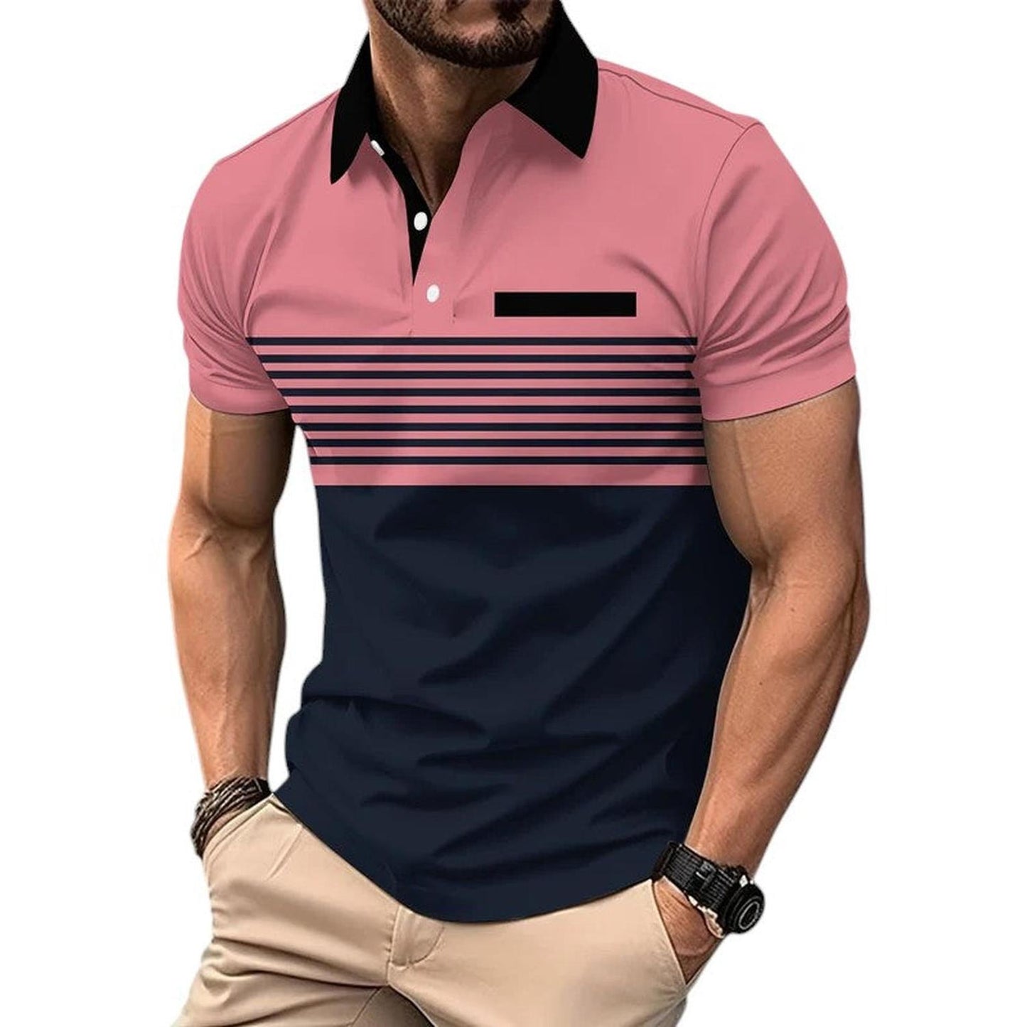 Men's Polo Shirt - Slim Fit - Short Sleeve - Striped Chest Design - Button Placket