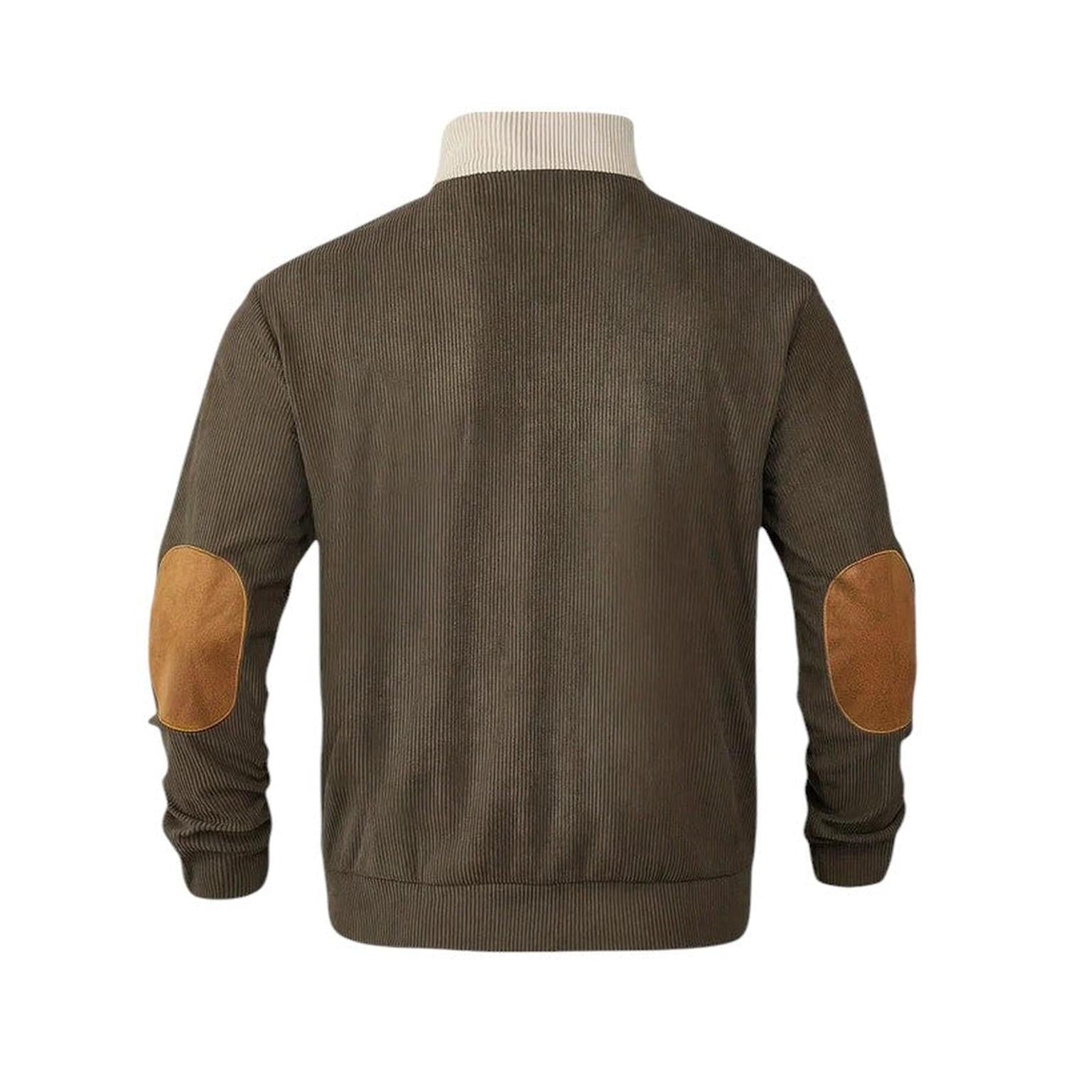 Pullover Sweater Men Ribbed Quarter Button Stand Collar Long Sleeve Elbow Patches