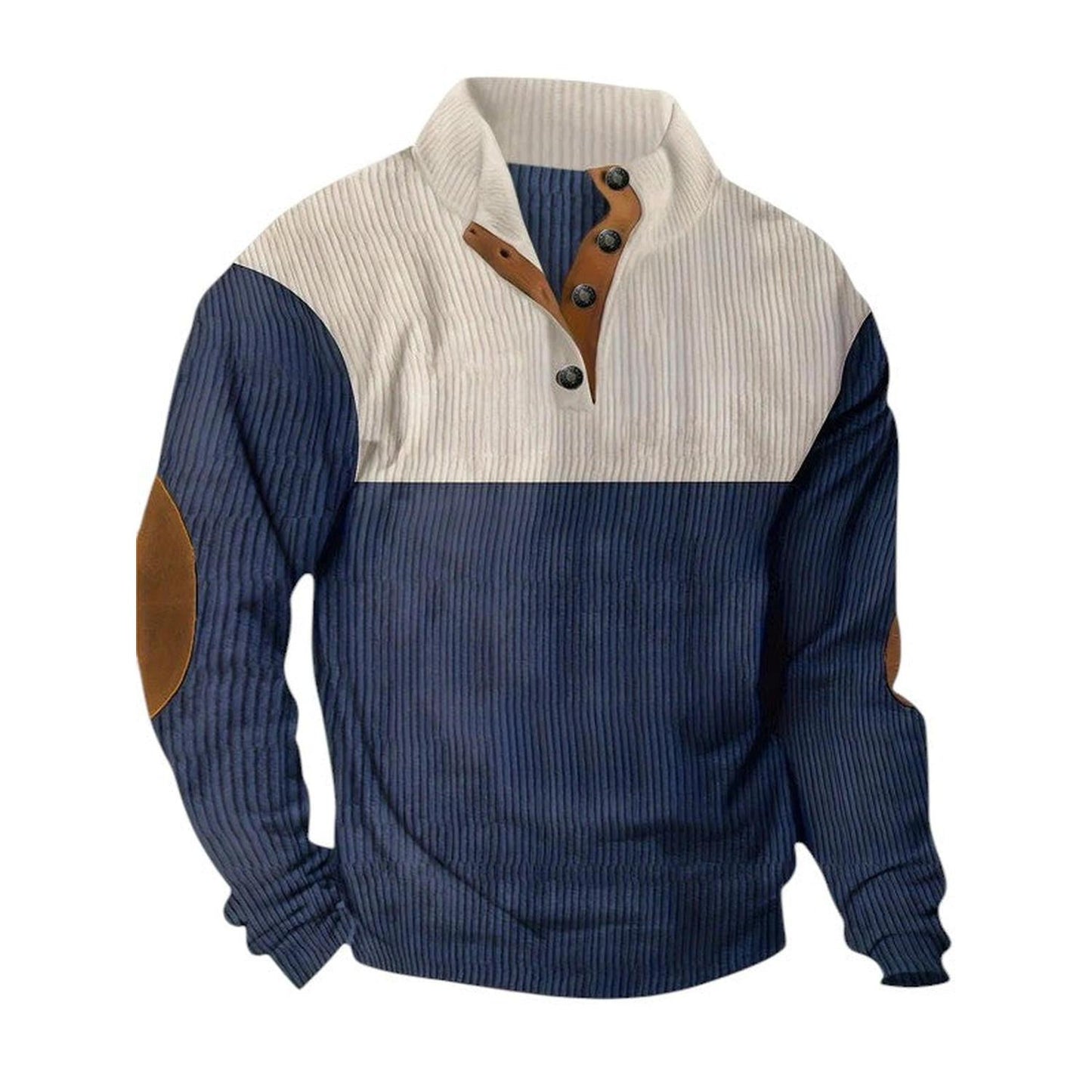 Men’s Ribbed Pullover Sweater - Quarter Button - Stand Collar - Long Sleeve - Elbow Patches