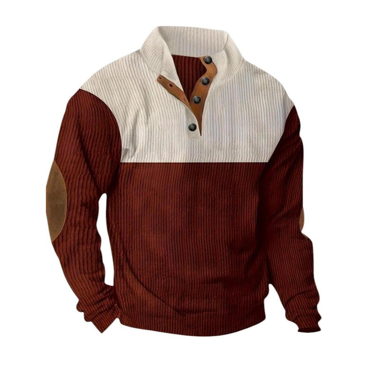 Men’s Ribbed Pullover Sweater - Quarter Button - Stand Collar - Long Sleeve - Elbow Patches