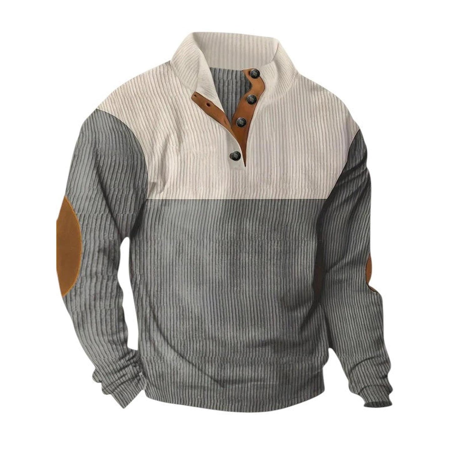 Men’s Ribbed Pullover Sweater - Quarter Button - Stand Collar - Long Sleeve - Elbow Patches