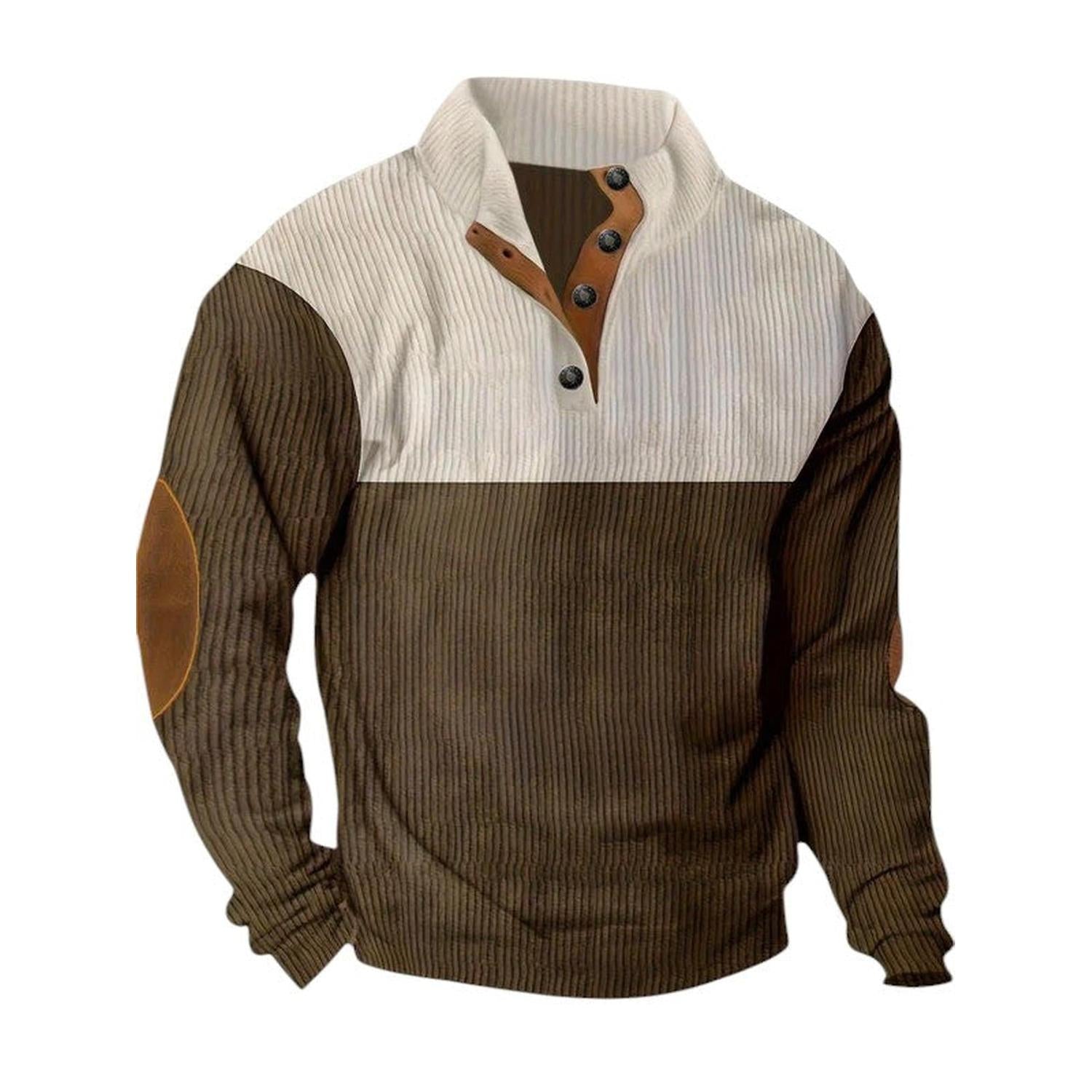 Men’s Ribbed Pullover Sweater - Quarter Button - Stand Collar - Long Sleeve - Elbow Patches