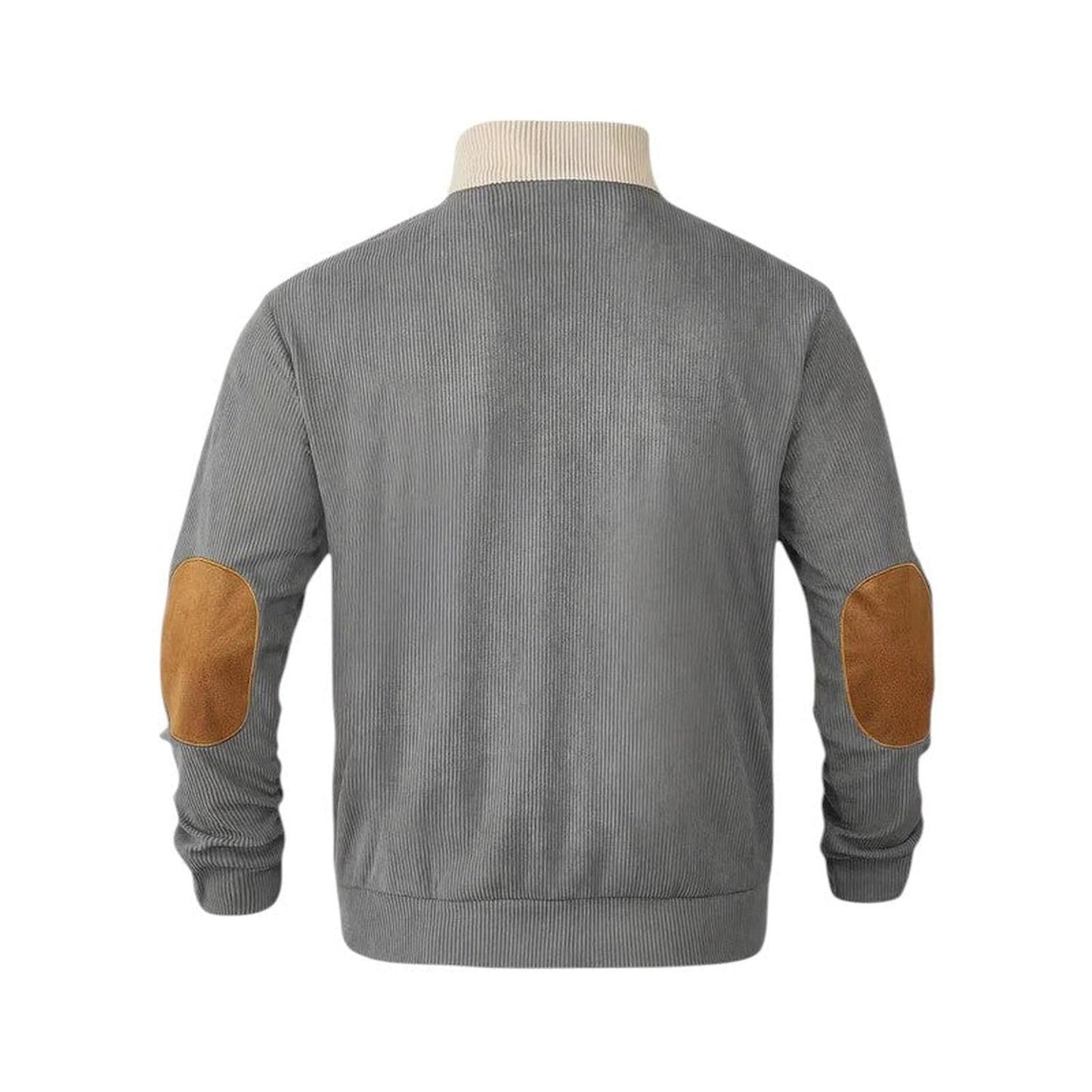 Men’s Ribbed Pullover Sweater - Quarter Button - Stand Collar - Long Sleeve - Elbow Patches