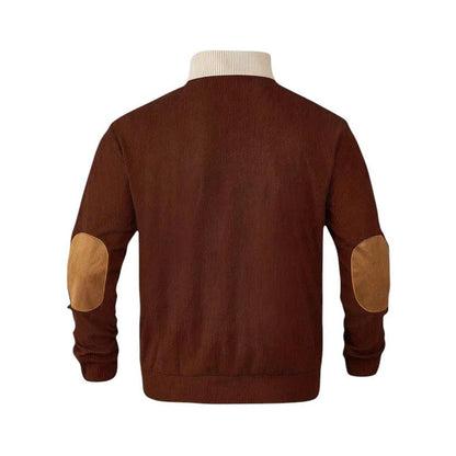 Men’s Ribbed Pullover Sweater - Quarter Button - Stand Collar - Long Sleeve - Elbow Patches
