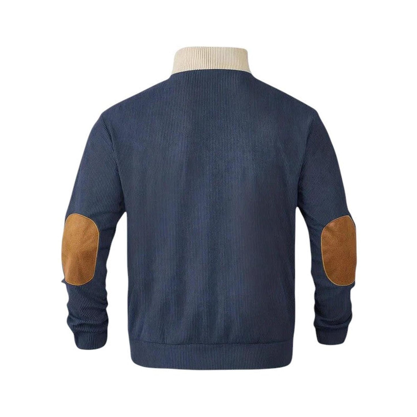 Men’s Ribbed Pullover Sweater - Quarter Button - Stand Collar - Long Sleeve - Elbow Patches