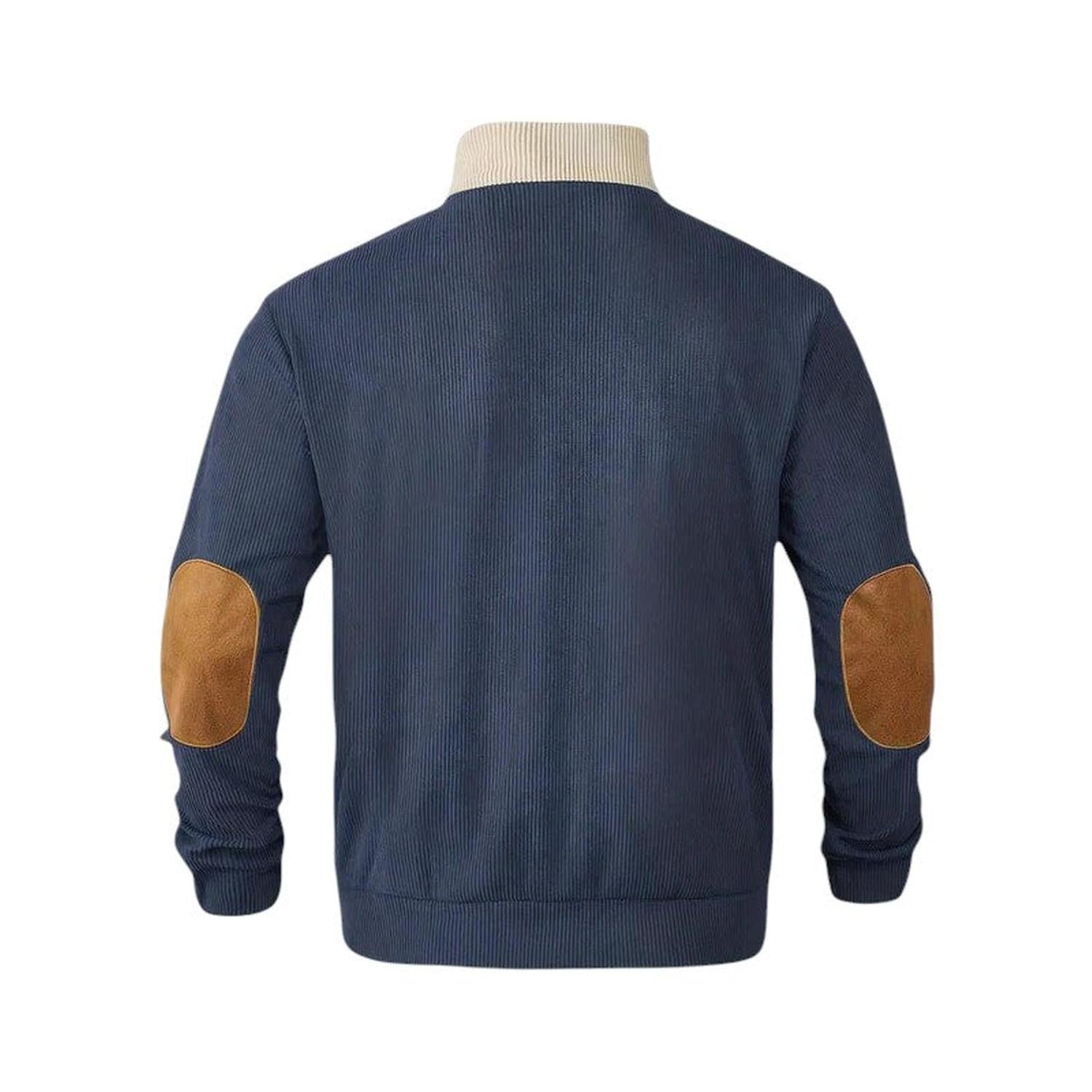 Pullover Sweater Men Ribbed Quarter Button Stand Collar Long Sleeve Elbow Patches