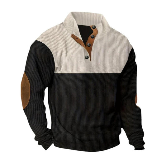 Men’s Ribbed Pullover Sweater - Quarter Button - Stand Collar - Long Sleeve - Elbow Patches