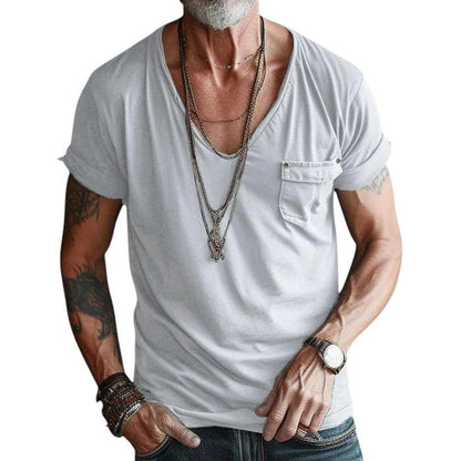 Men’s V-Neck T-Shirt – Short Sleeve – Rolled Cuffs – Chest Pocket – Casual Fit