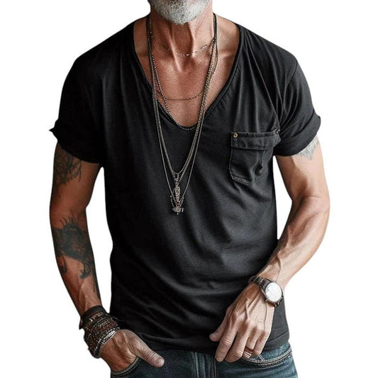 Men’s V-Neck T-Shirt – Short Sleeve – Rolled Cuffs – Chest Pocket – Casual Fit
