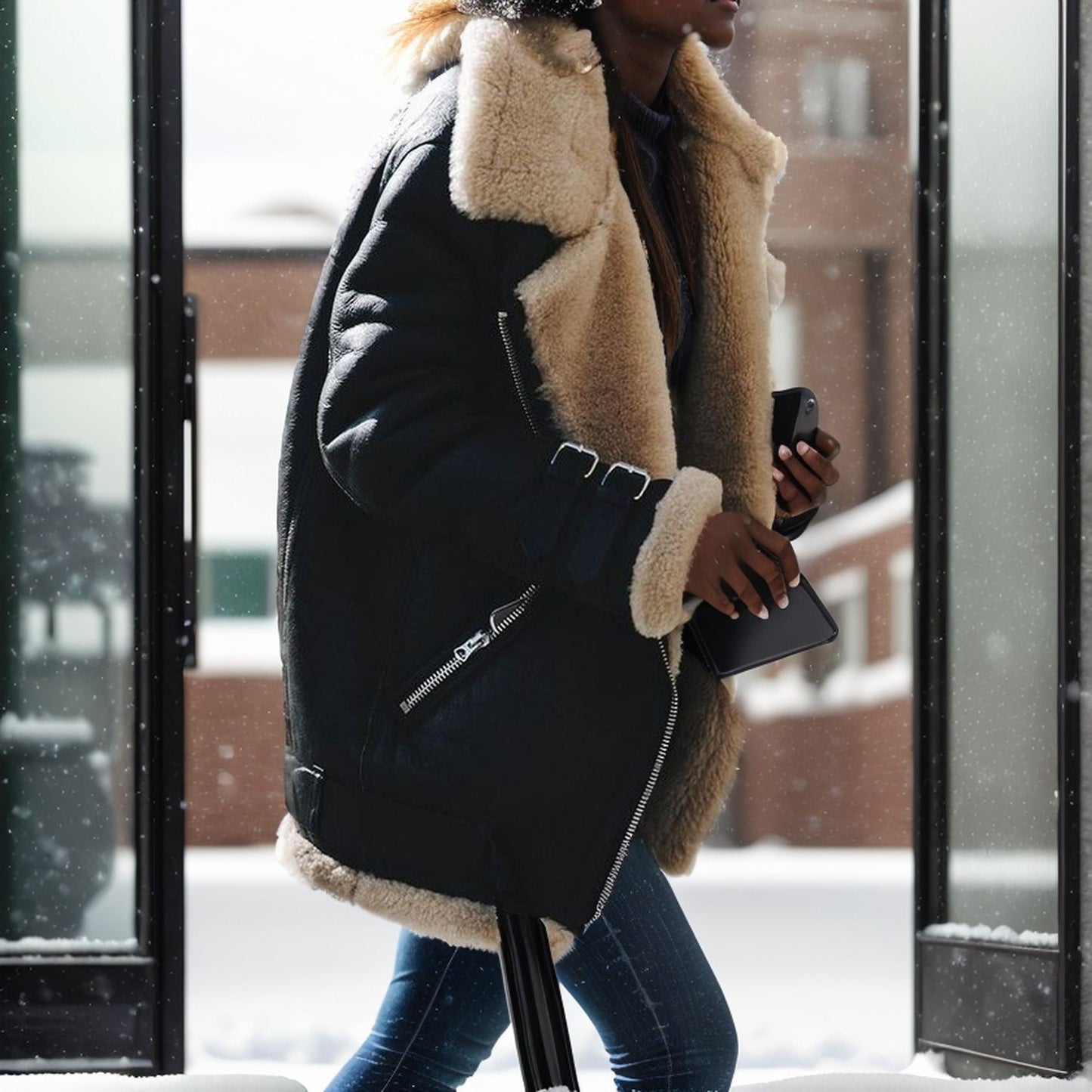 Women’s oversized fit coat - mid length with faux fur collar, cotton feel and zip detail