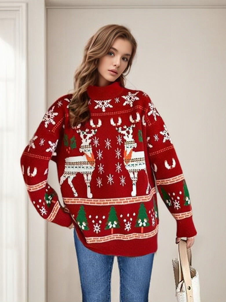 Women’s Christmas Sweater - Reindeer Snowflake Tree Print
