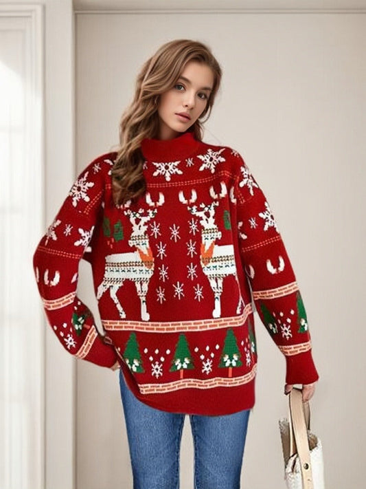 Women’s Christmas Sweater - Reindeer Snowflake Tree Print