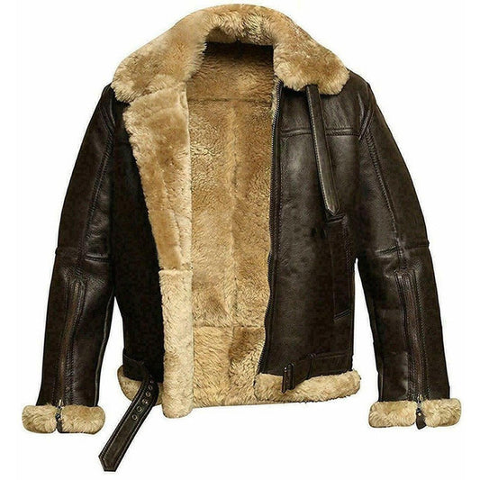 Men’s coat - pu leather with plush lining, high collar, waist strap and zip sleeves