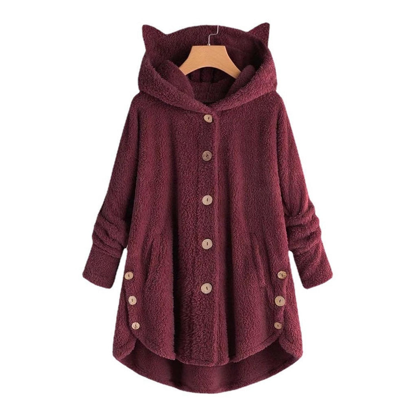 Women’s hooded coat - plush fabric with oversized fit, cat ear hood and button front