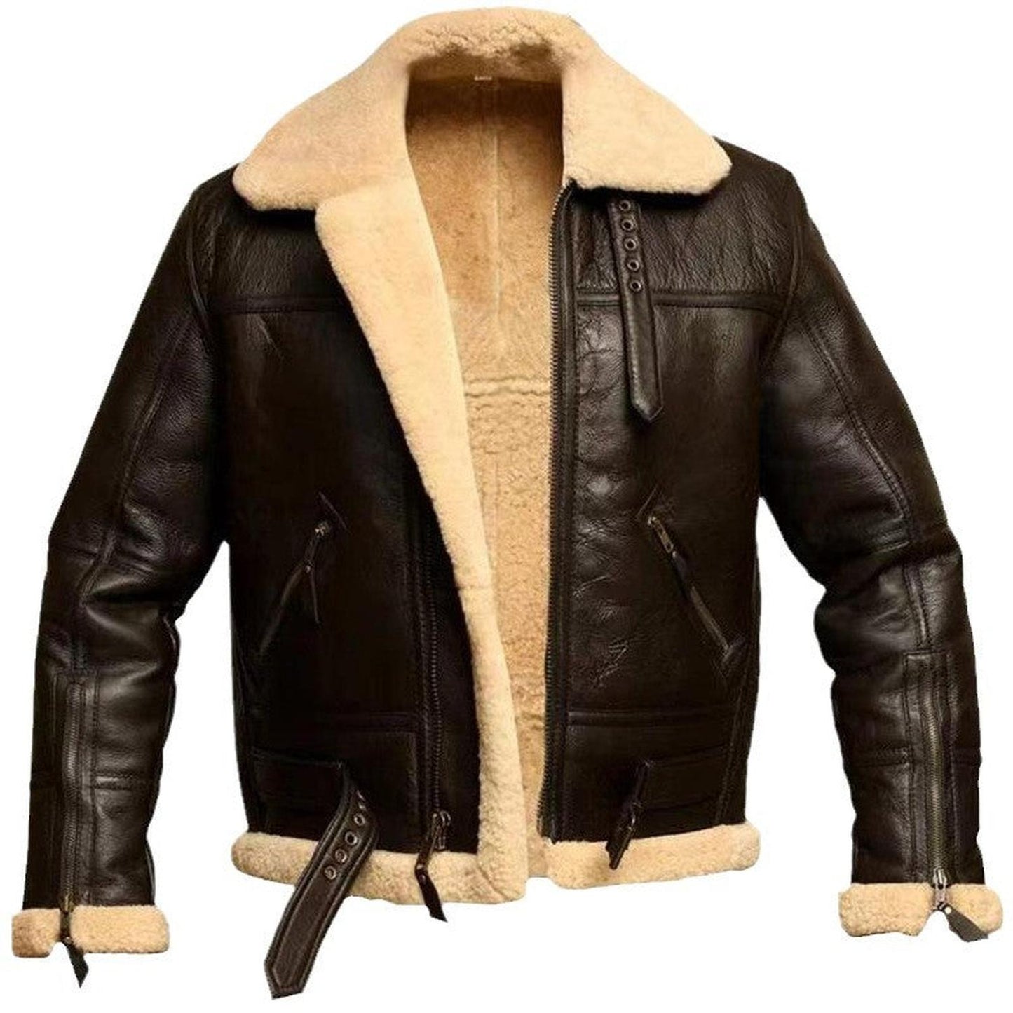 Men’s coat - pu leather with plush lining, high collar, waist strap and zip sleeves