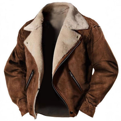 Jacket Men Suede Shearling Lined Structured Fit Retro Lapel Zipped Pockets