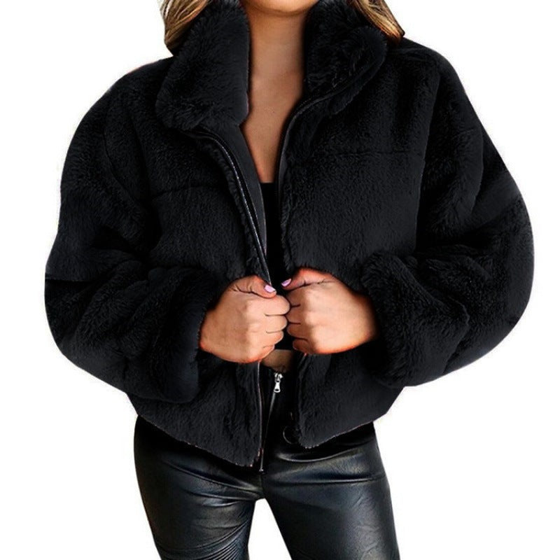 Women’s faux fur coat - oversized fit mid length with zip front and high collar