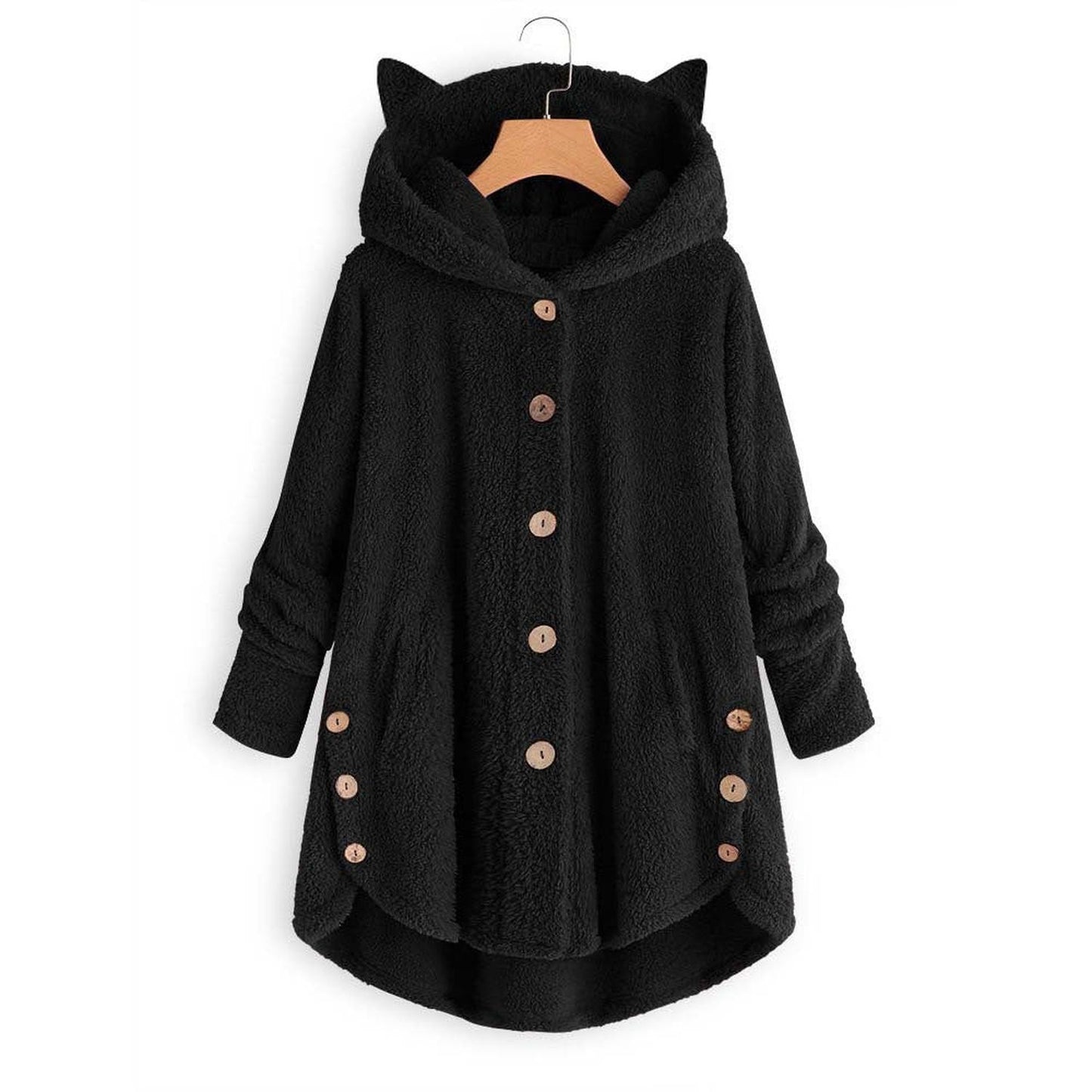 Women’s hooded coat - plush fabric with oversized fit, cat ear hood and button front