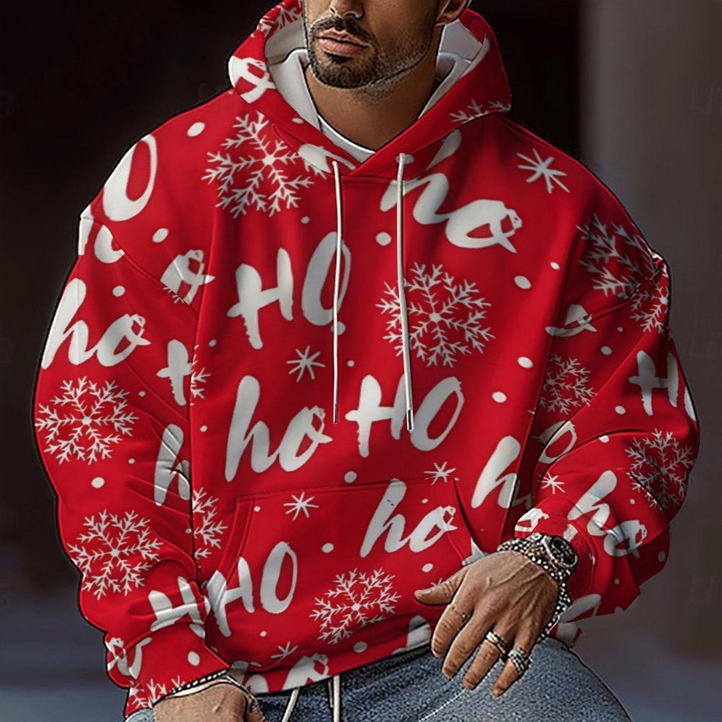 Men’s Christmas Hoodie - Reindeer & Snowflake, Long Sleeve