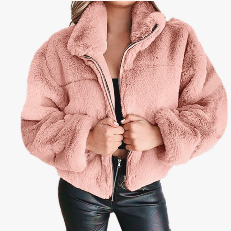 Women’s faux fur coat - oversized fit mid length with zip front and high collar