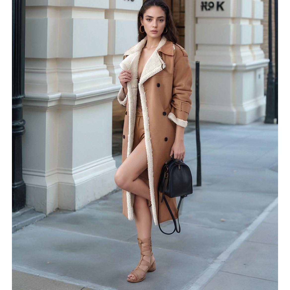 Women’s long leather coat - tailored fit with plush lining, wide lapels and button front