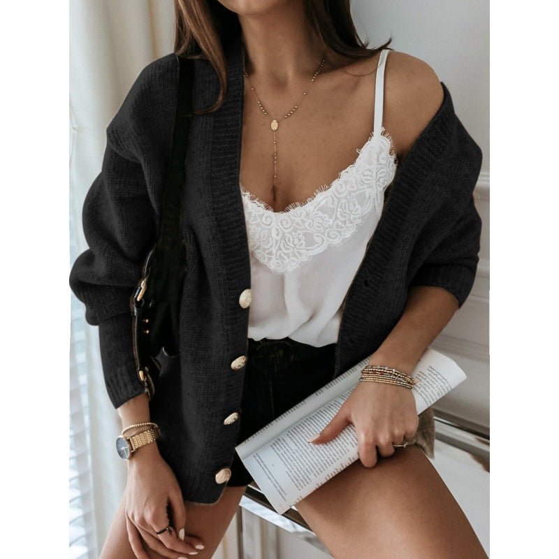 Women’s sweatshirt jacket - wool blend oversized fit with v-neck and button front